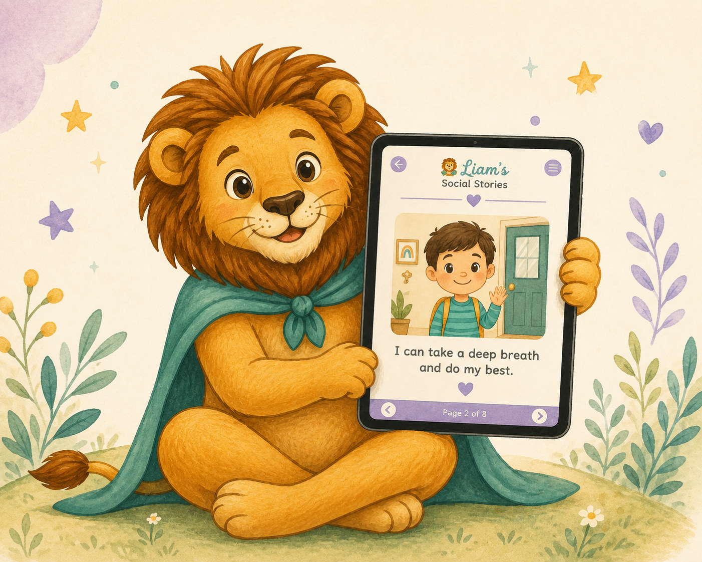 Liam the Lionmain mascot holding up a tablet showing a personalised social story for a child