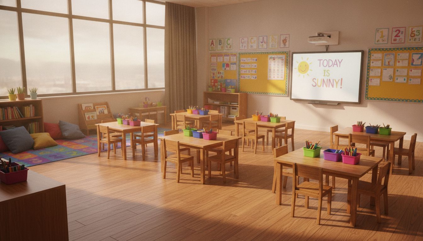 The classroom is bright and very colourful.