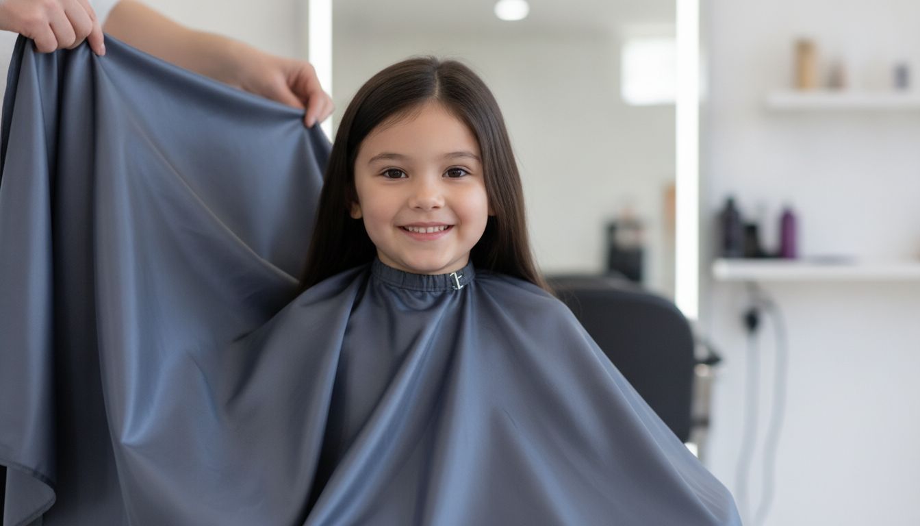 The hairdresser wraps a smooth, light cape around my shoulders.